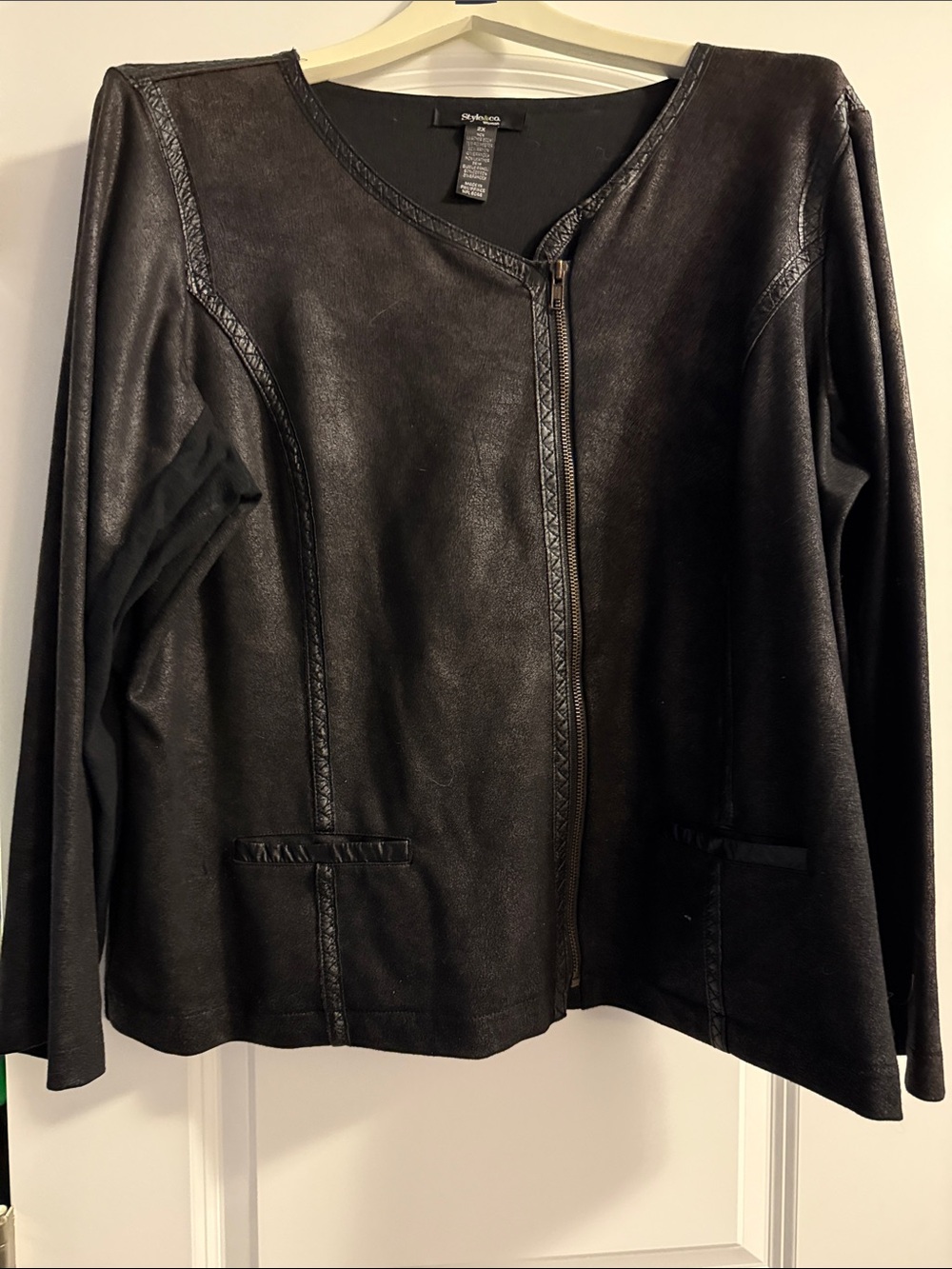 Style & Co. Black Faux Leather Zip-Front Jacket with Knit Panels